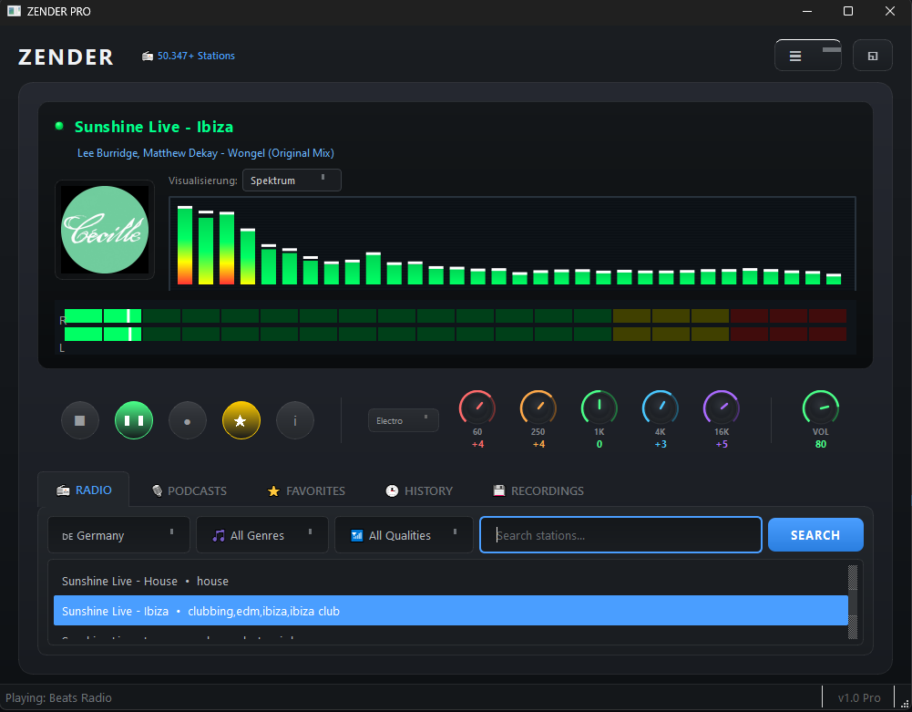 ZENDER Internet Radio App - Modern interface showing radio player with equalizer and station list